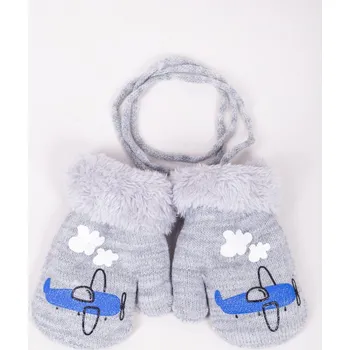 Rukavice Rukavice palčáky YO RED0011C TEPLÉ uvnitř hebké šedé s letadlem spojené šňůrkou velikost rukavic: 14 cm