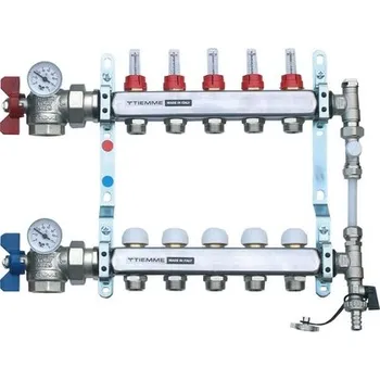 rozdělovač topení TIEMME NEREZ rohový plně osazený rozdělovač 1" s průtokoměry a by-passem 4 okruhy
