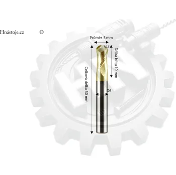 Fréza Monolitní tvrdokovová rádiusová fréza Ø5x10xD6x50L ( 2-břitá ) 65HRC-GOLD