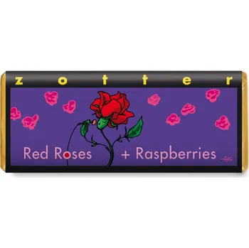 Čokoláda Zotter Bio plněná mléčná čokoláda Červené růže a maliny, 70 g