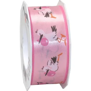 Jedlá dekorace na dort Atlasová oboulící stuha - baby růžová - čáp - 2m/ 40mm