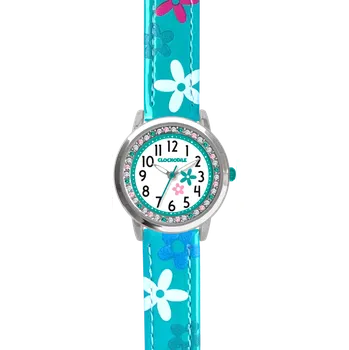 Hodinky CLOCKODILE Náramkové tyrkysové dívčí dětské hodinky s kamínky a kytičkami CWG5200