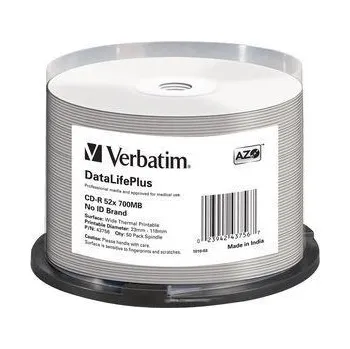 VERBATIM CD-R(50-pack) spindl, AZO 52X,700MB,WHITE WIDE THERMAL PRINTABLE SURFACE NON-ID