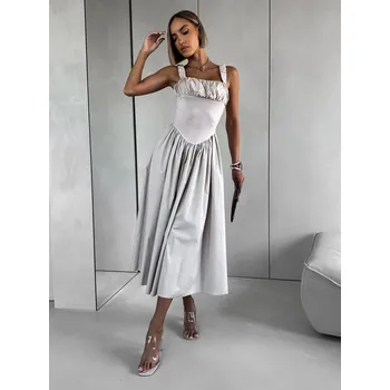 Dámské šaty Béžové vypasované řasené šaty PELYT Velikost: ONESIZE