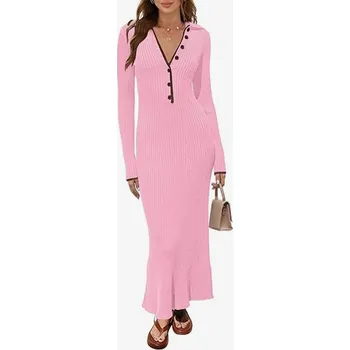 Dámské šaty Dámské svetrové šaty dlouhé s límečkem růžové L