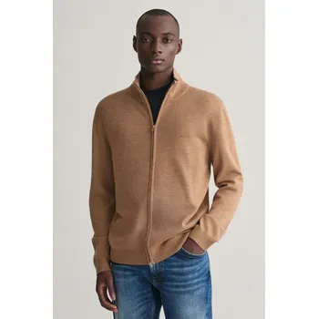 Pánské oblečení SVETR GANT EXTRAFINE MERINO WOOL ZIP CARDIGAN DK. SAND MELANGE