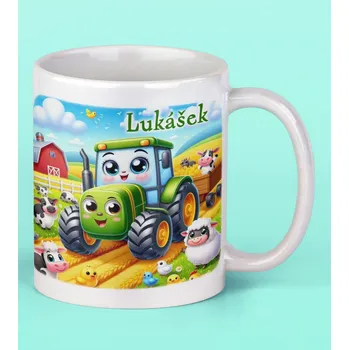 Hrnek se jménem pro děti zelený traktůrek Keramický hrnek Bílý