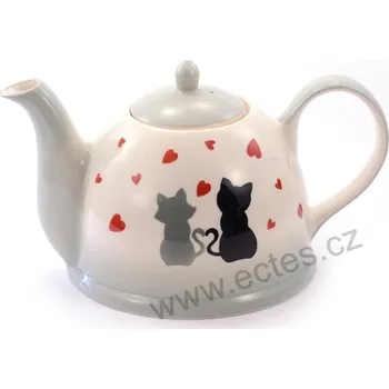 Konvice na čaj ChaCult COLETTE bílošedá velká keramická konvice černá a šedá kočka s červenými srdíčky 1500 ml