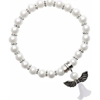 Náramek Dětský náramek z bílých skleněných perliček s andělíčkem obvod cca 14 cm