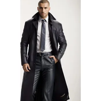 Pánský zimní kabát Pánský dlouhý kožený kabát trenč Barva: Černá, Velikost: 2XL