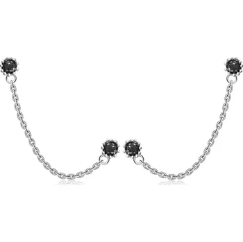 Náušnice Dvojité náušnice ze stříbra 925 - kvítek s černým zirkonem, řetízek, puzetky