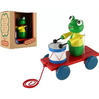 Hračka pro nejmenší Miva, Žába s bubnem barevná dřevo tahací 19cm v krabici 20x21x12cm