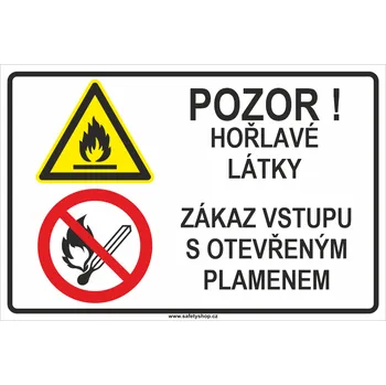 Značení Pozor! Hořlavé látky - Zákaz vstupu s otevřeným plamenem ISO 7010 samolepící vinylová fólie 200x150 mm