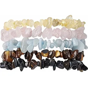 Náramek Sada pěti náramků - akvamarín, citrín, růženín, sokolí a tygří oko obvod cca 16 až 22 cm