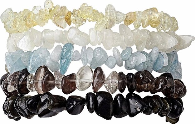 Sada pěti náramků - akvamarín, měsíční kámen, citrín, záhněda a obsidián obvod cca 16 až 22 cm