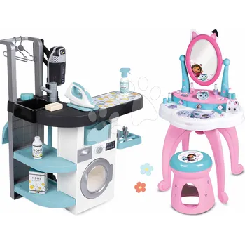 Dětská kuchyňka Set prádelna s pračkou s předním plněním a kosmetický stolek Gabby Rowenta Wash&Clean Laundry Smoby se židlí a elektronickým vysavačem