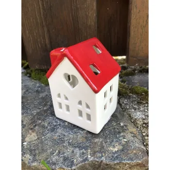Svícen Bílo červený keramický domeček svícen se srdíčkem
