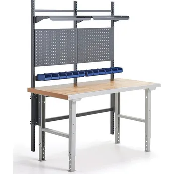 Dílenský stůl Dílenský stůl SOLID, s panelem na nářadí, boxy a policemi, 1500x800 mm, dubový povrch