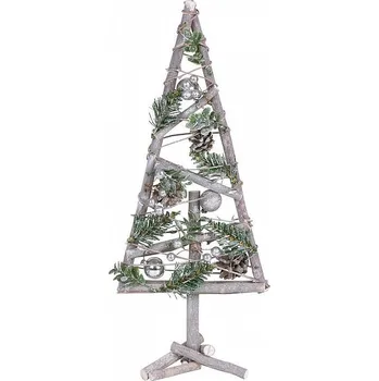 Vánoční dekorace Mini stromek MagicHome dřevěný, stříbrné baňky, 20x3x47cm