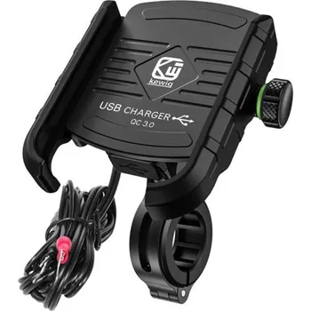 Držák telefonu s objímkou na řídítka s USB zásuvkou"CRAB R9-METAL USB QC" na motorku