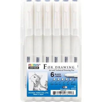 Marvy For Drawing - Sada 6 ks černých pigmentových popisovačů