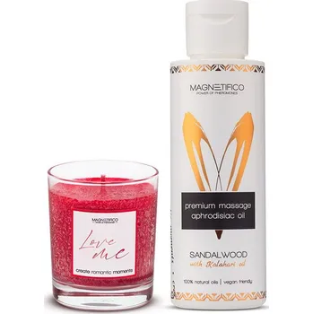 Masážní přípravek MAGNETIFICO Masážní olej Sandalwood 100 ml + vonná svíčka Love me 125 g