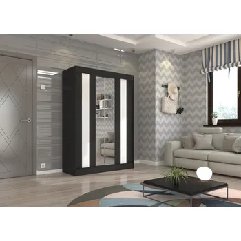 Šatní skříň Šatní skříň s posuvnými dveřmi Keita - 150 cm Barva: Černá + Bílý Lacobel