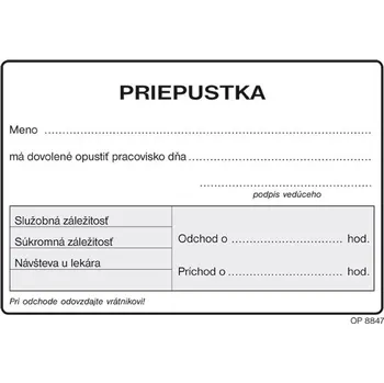 Tiskopis Priepustka A7, 100 listov, Slovensko