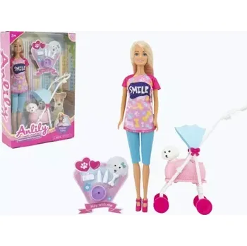 Panenka Anlily kloubová 30cm plast s mazlíčkem v kočárku s doplňky v krabici 22x32x6,5cm