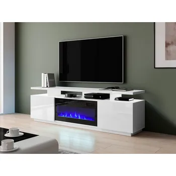 Televizní stolek TV skříňka Aniceto s krbem, Osvětlení: bez osvětlení, Barva: bílá / bílá lesk, Krb: černý MIRJAN 5903211130663