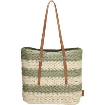 Kabelka Dámská proutěná kabelka PE-Florence Natural Life 20692 – béžová, papírové lýko, zelené proužky, dlouhé popruhy, ideální na pláž i nákupy | Cooltovka.cz