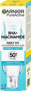 Pleťový krém Garnier Pure Active BHA + Niacinamide Daily UV Anti-Imperfection Invisible Matte fluid proti nedokonalostem SPF50+ 40 ml