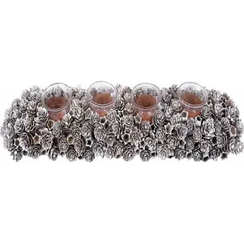 Svícen Svícen s glitry na 4 svíčky Šišky a hvězdy, hnědá|stříbrná, 51x7,5x12cm, ks|Ego Dekor