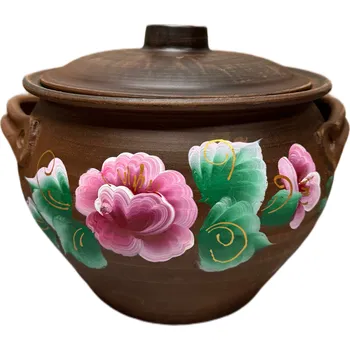 Hrnec Keramický hrnec červena hlína 3,5L barevné květy kulatý