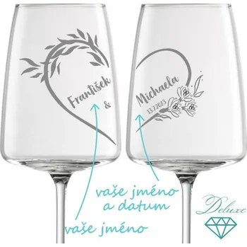 Sklenice Svatební skleničky na víno Polovina srdce s krystaly, 2 ks
