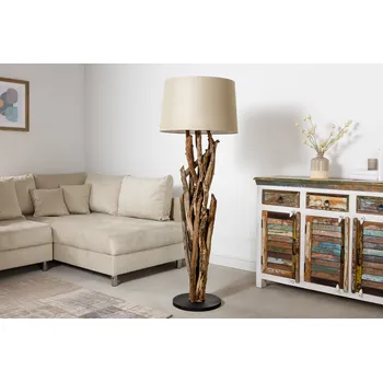 Stojací lampa Luxusní venkovská stojací lampa Pole s naturální hnědou podstavou z teakového dřeva a béžovým stínítkem 150 cm