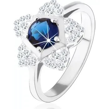 Prsten Zásnubní prsten, stříbro 925, blyštivý kvítek, kulatý modrý zirkon - Velikost: 62