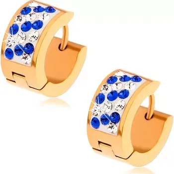 Náušnice Náušnice z oceli zlaté barvy, bílý pás vykládaný modrými a čirými zirkony