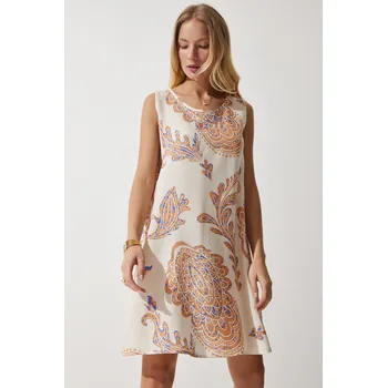 Cizojazyčná kniha Happiness İstanbul Women's Cream Peach Patterned Linen Viscose Mini Dress Happiness İstanbul hnědá 2677893
