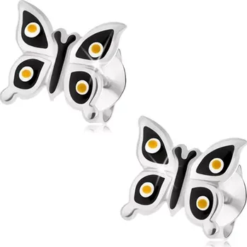 Náušnice Puzetové náušnice, stříbro 925, lesklý černý motýlek, žluté a bílé tečky