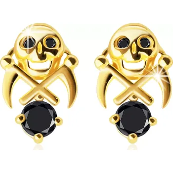 Náušnice Náušnice ve žlutém 585 zlatě - lebka se dvěma kosami, černé zirkony