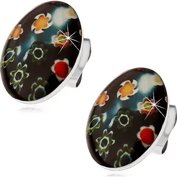 Náušnice Náušnice z oceli 316L, černý ovál s barevnými květy, puzetky