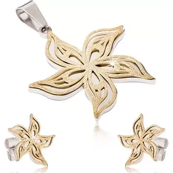 Souprava šperků Ocelová sada - dvojbarevný přívěsek a náušnice, pískovaný zvlněný květ