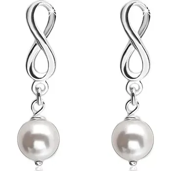 Náušnice Stříbrné náušnice 925, lesklý symbol nekonečna, bílá kulatá perlička