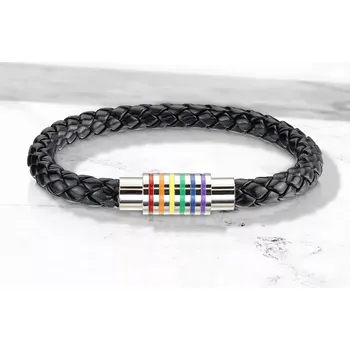 Náramek Kožený náramek, pletenec - kulaté zapletení v černé barvě s ocelovým magnetickým zapínáním s motivem duhy - Délka: 220 mm