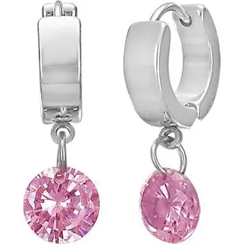 Náušnice Ocelové náušnice - kruhy ve stříbrném odstínu, broušený kužel růžové barvy