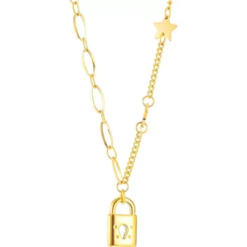 Náhrdelník Ocelový náhrdelník ve zlaté barvě - dírkový zámek, hvězdičky, kulatá a oválná očka