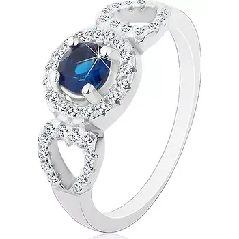 Prsten Prsten ze stříbra 925, kulatý modrý zirkon, blýskavé obrysy srdcí po stranách - Velikost: 49
