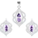 Rhodiovaná sada, přívěsek a náušnice ze stříbra 925, fialové zrnko čirý obrys