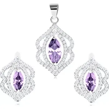 Náušnice Rhodiovaná sada, přívěsek a náušnice ze stříbra 925, fialové zrnko čirý obrys